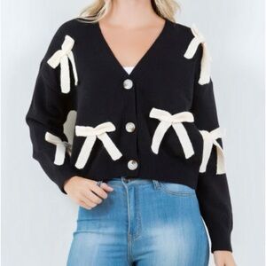Debut Coquette Bow Cardigan Black Cream Ribbon Button Front S/M NWT